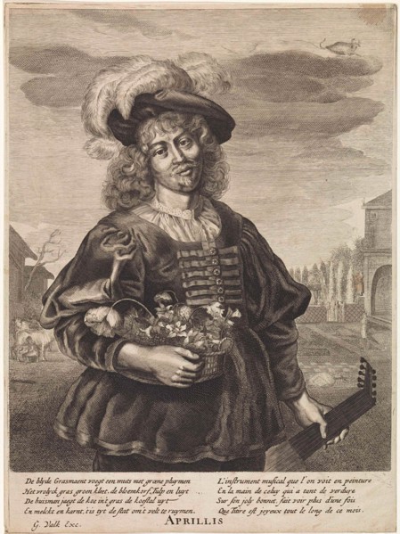 April: Young man with flower basket, Anonymous, Jonas Suyderhoef, Joachim von Sandrart, 1670 - 1726