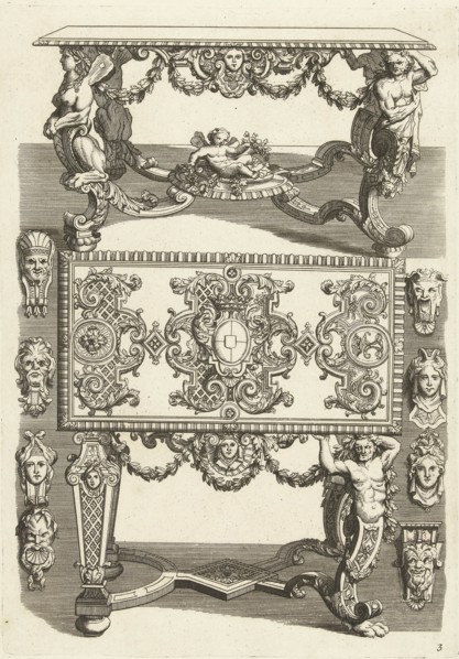 The upper table is shown in perspective, with the lower table top is shown upright, on both sides