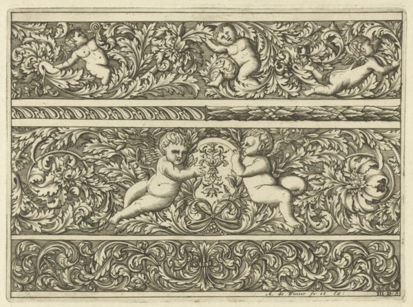 Three friezes with leaf tendrils, print maker: Anthonie de Winter, Anonymous, 1696