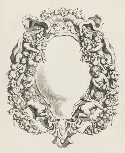 Cartouche with lobe ornament with four children and two angels, print maker: Michiel Mosijn,