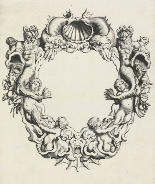 Cartouche with lobe ornament, a top shell flanked by dolphins, print maker: Michiel Mosijn,