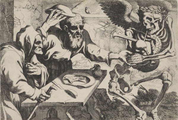 Old couple with bagpipes playing Death, print maker: Werner van den Valckert, Werner van den