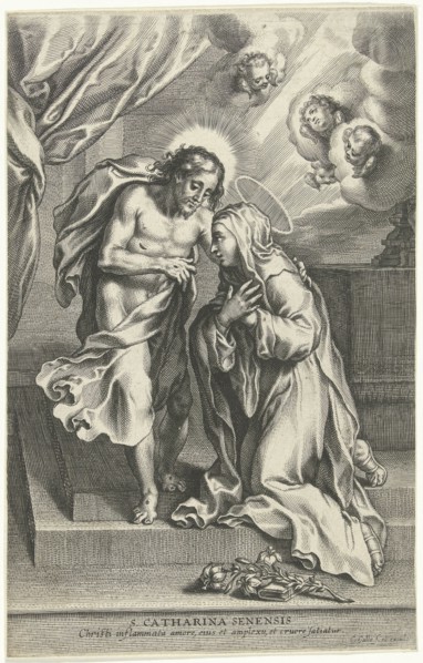 Christ and St. Catherine of Siena, print maker: Cornelis Galle II, 1638 - 1678