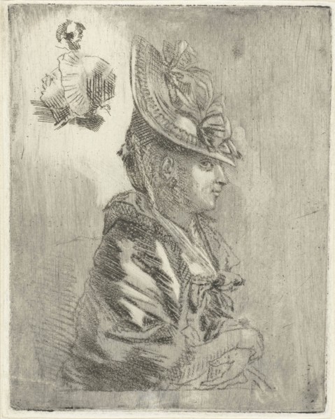 Study Sheet with the portrait of a young woman with hat and two smaller portraits, Louis Bernard
