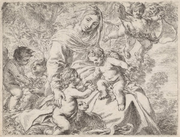 In a landscape is Mary with the Christ Child on her lap, her other hand rests on the back of the