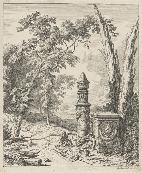 Landscape with figures resting in a tomb, print maker: Albert Meyeringh, 1695 - 1714