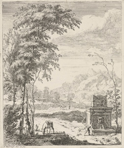 Landscape with a fountain and a donkey, Albert Meyeringh, 1695 - 1714