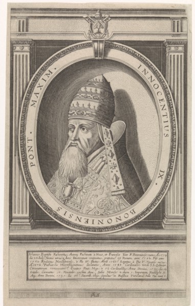 Portrait of Pope Innocent IX dressed in papal robes, the head adorned with the papal tiara, bust