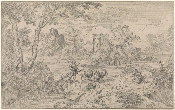 Arcadian landscape with a goatherd. print maker: Abraham Genoels, 1650 - 1723