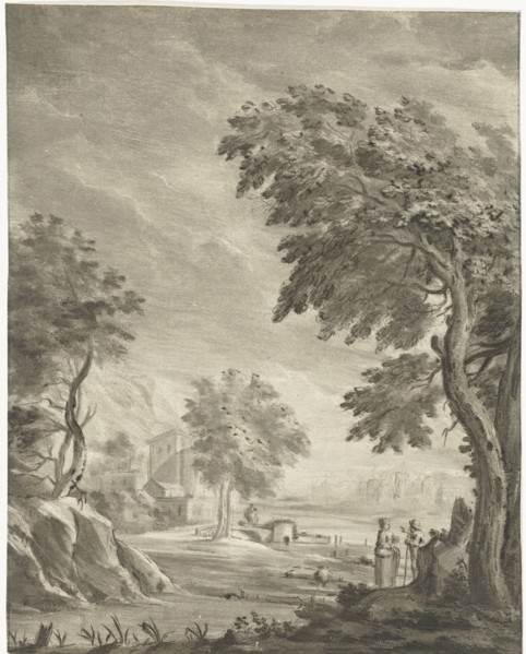 Landscape with pedestrians on the side of a road, the outline of a city, the road follows the river