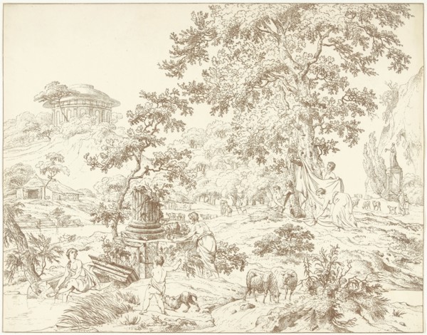 Arcadian landscape with foot bathing woman, Hermanus Fock, 1781 - 1822