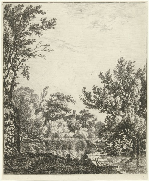 Landscape with woman at waterfront, print maker: Hermanus Fock, 1781 - 1822