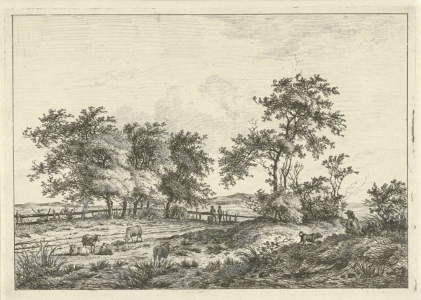 In a pasture with sheep are two people in the background at a gate, in the foreground a dog with a