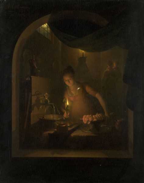 Kitchen by Lamplight, Adriaan Meulemans, 1817