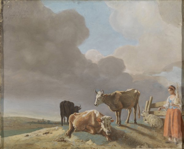 Landscape with cows , sheep and shepherdess, modified copy of a painting of Paulus Potter, the