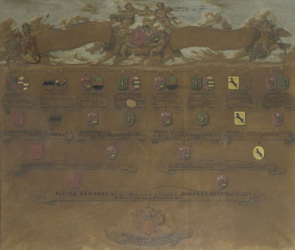 Pedigree with the weapons of the sixteen quarters of Margaretha Rendorp, The Netherlands,