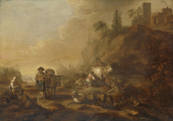 Landscape with Herdsmen and Cows, Cornelis de Bie, 1648