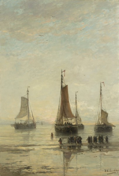 Scheveningse bommen anchored, Hendrik Willem Mesdag, 1860 - 1889, fishing boats