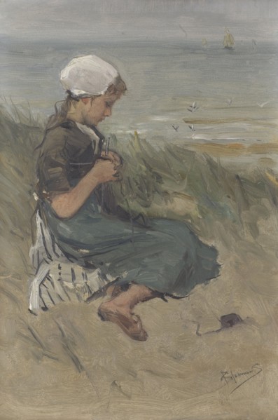 Knitting girl on a dune, Bernardus Johannes Blommers, c. 1870 - c. 1900