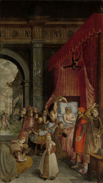 Deathbed of the Rich Man, with a Devil Descending to Retrieve the Deceased's Soul, Anonymous, c.