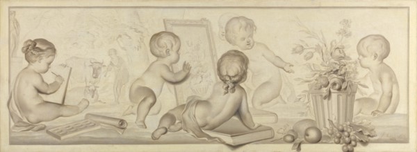 Six Putti with Flowers and Fruit and the Attributes of Drawing, Jurriaan Andriessen, 1782