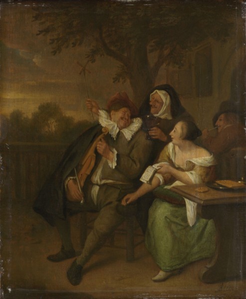 Man with a fiddle in bad company, copy after Jan Havicksz. Steen, 1670 - 1700