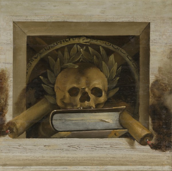 Vanitas Still Life with Scull with Laurel Wreath and two Burning Candles, Jacob van Campen, 1645 -