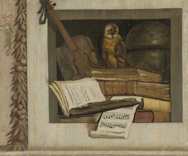Still Life with Books, Sheet Music, Violin, Celestial Globe and an Owl, Jacob van Campen, 1645 -