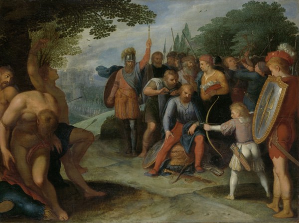 After the Fall of Vetera Castra Claudius Civilis has his hair cut while his son shoots some