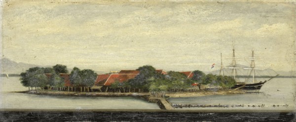 View of the island Kuiper in the bay of Batavia Jakarta Indonesia, Jacob Pieter Mercier, 1855 -