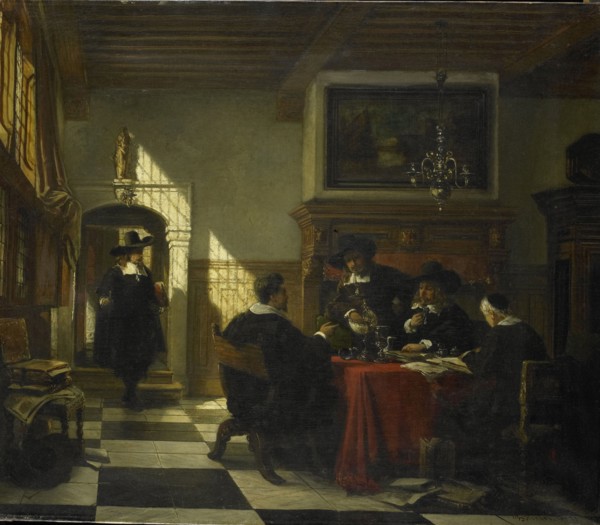 Society in 17th-century costume at a table on which a Nautilus Cup, Johannes Stroebel, 1873