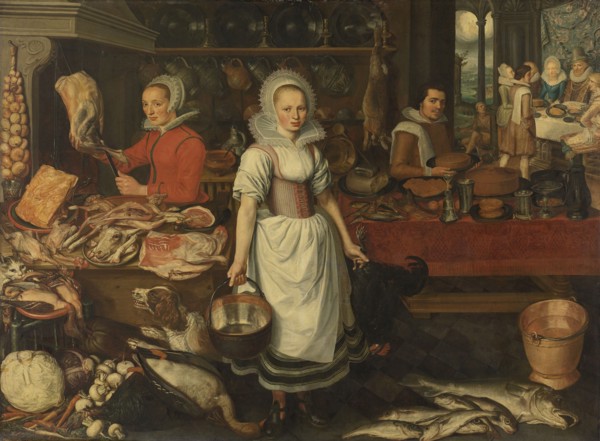 Kitchen Scene with the Parable of the Rich Man and Poor Lazarus, attributed to Pieter Cornelisz.