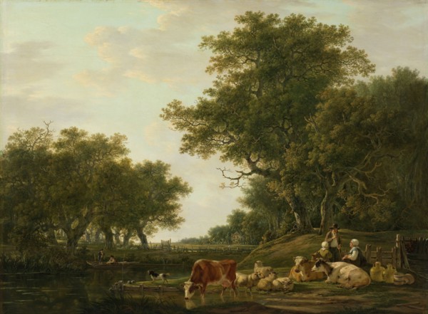 Landscape with Peasants with their Cattle and Anglers on the Water, Jacob van Strij, 1800 - 1810