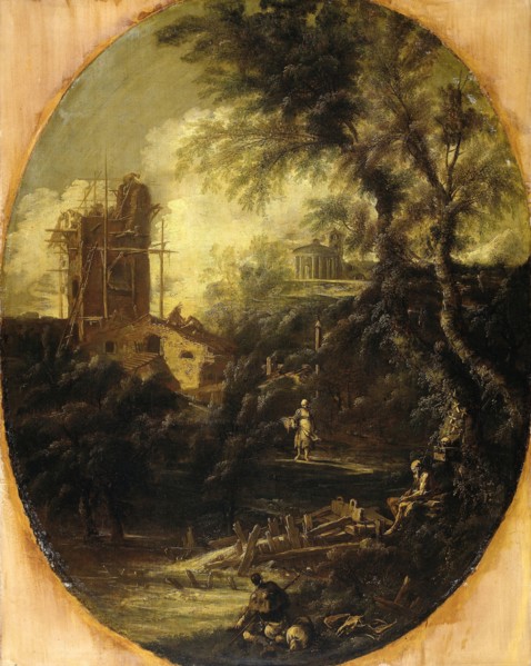 Landscape with Hermit, Pilgrim and Peasant Woman, attributed to Antonio Francesco Peruzzini, 1690 -