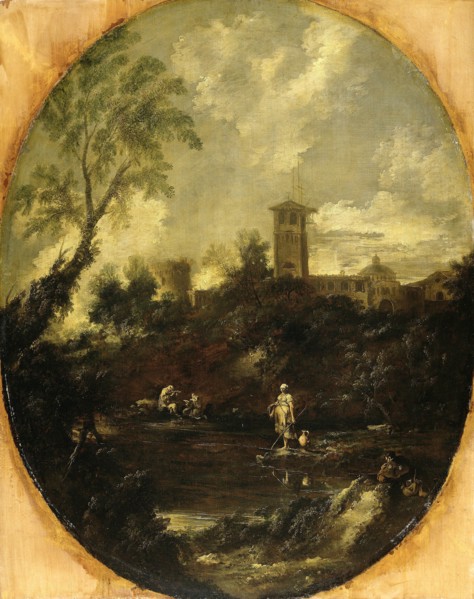 Landscape with Monks, Pilgrim and Peasant Woman, attributed to Antonio Francesco Peruzzini, 1690 -