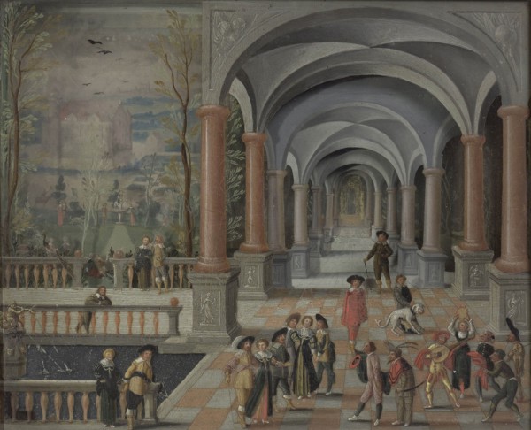 Festive Gathering and Figures from a Commedia dell'Arte in a Gallery, Monogrammist DB, 1634