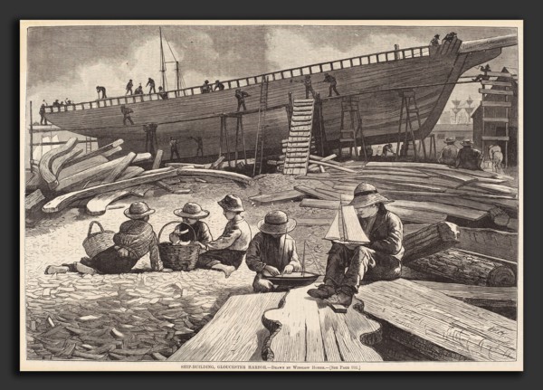 after Winslow Homer, Ship-Building, Gloucester Harbor, published 1873, wood engraving