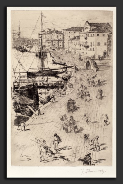 Frank Duveneck, Riva degli Schiavoni (1), American, 1848 - 1919, 1880, drypoint on chine applique