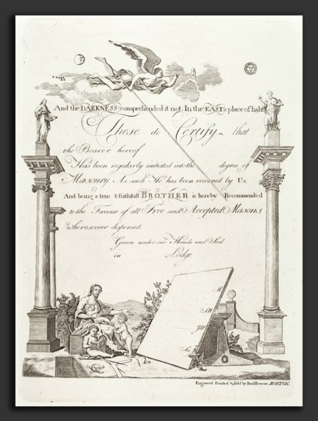 Paul Revere, Masonic Certificate, American, 1735 - 1818, 1773, engraving printed by Herbert
