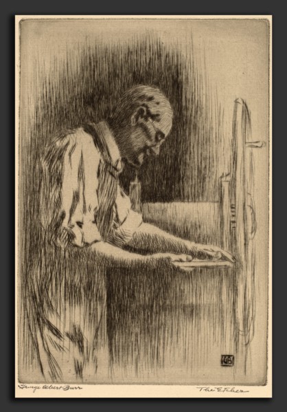 George Elbert Burr, The Etcher, American, 1859 - 1939, c. 1919, drypoint in greenish-black on laid