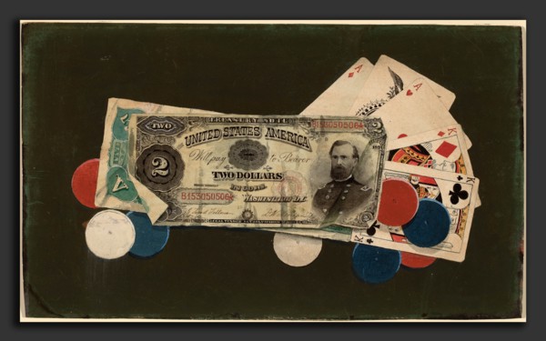 American 19th Century, Trompe l'Oeil: A Full House with Chips, $2 and $5 Bills, c. 1895, watercolor