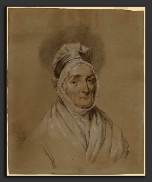 Attributed to Gilbert Stuart, Mrs. Benjamin Fisher, American, 1755 - 1828, black, white, and red