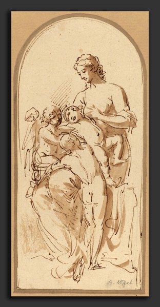 Benjamin West, Charity, American, 1738 - 1820, pen and brown ink with brown wash on gray paper