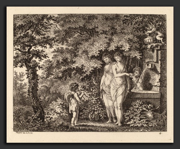 Salomon Gessner, Eros with Three Girls at a Fountain, Swiss, 1730 - 1788, 1770, etching on laid