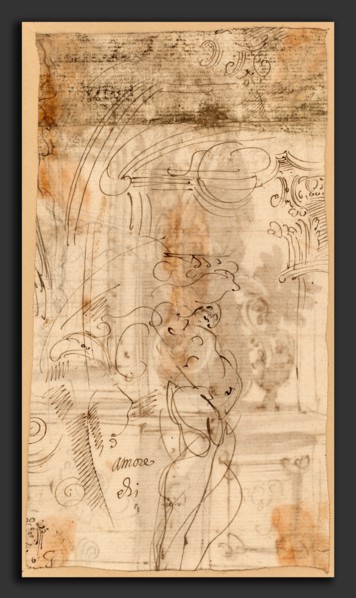 Genoese 17th Century, An Architectural Study with an Atlantid, Italian, 17th century, pen and brown