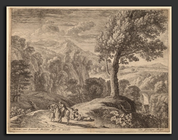 Herman van Swanevelt (Dutch, c. 1600 - 1655), The Large Tree and the Cascade, etching