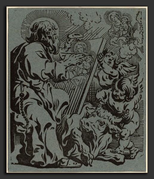 Anthonis Sallaert (Flemish, c. 1590 - 1658), Saint Luke, woodcut on blue laid paper