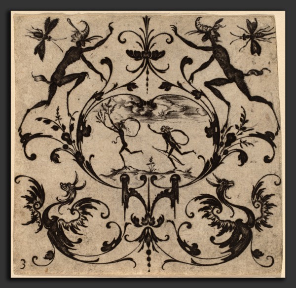 Master CR (Netherlandish, active c. 1616), Ornament with Grotesque, 1616, engraving