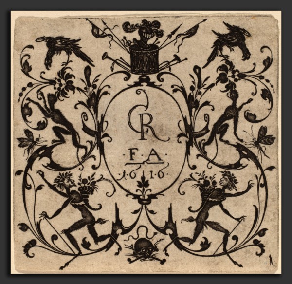 Master CR (Netherlandish, active c. 1616), Ornament with Grotesque, 1616, engraving