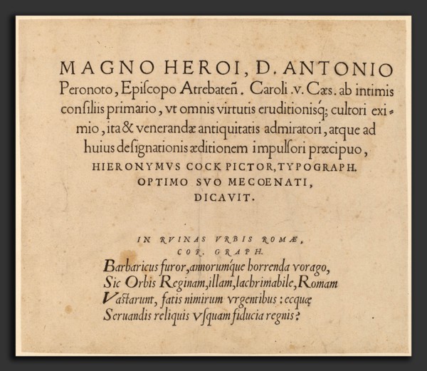 Hieronymus Cock (Flemish, c. 1510 - 1570), Dedication Page, published 1551, Roman type on laid